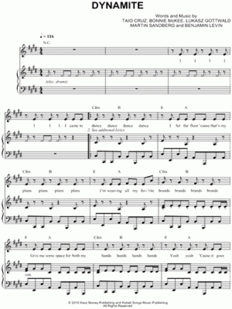 Taio Cruz &amp;quot;dynamite&amp;quot; Sheet Music In C# Minor (Transposable For - Dynamite Piano Sheet Music Free Printable