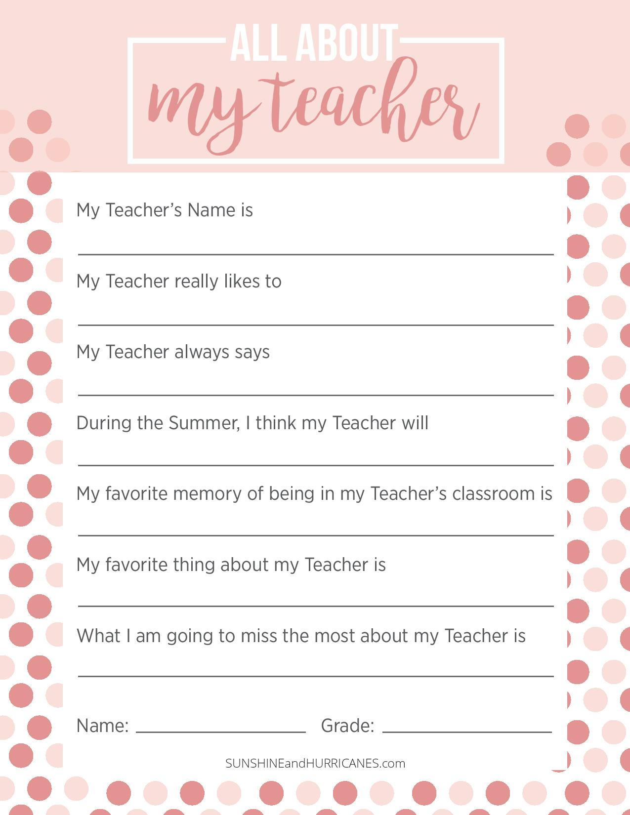 Teacher Appreciation Week Questionnaire - A Personalized Teacher Gift - All About My Teacher Free Printable