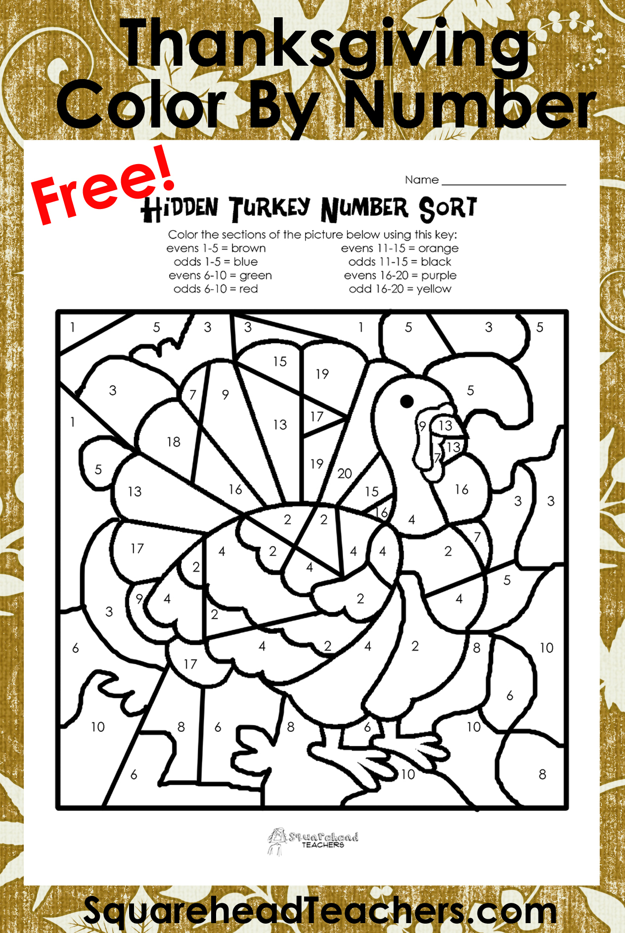 Thanksgiving Colornumber (Odd/evens Sort) | Squarehead Teachers - Math Worksheets Thanksgiving Free Printable