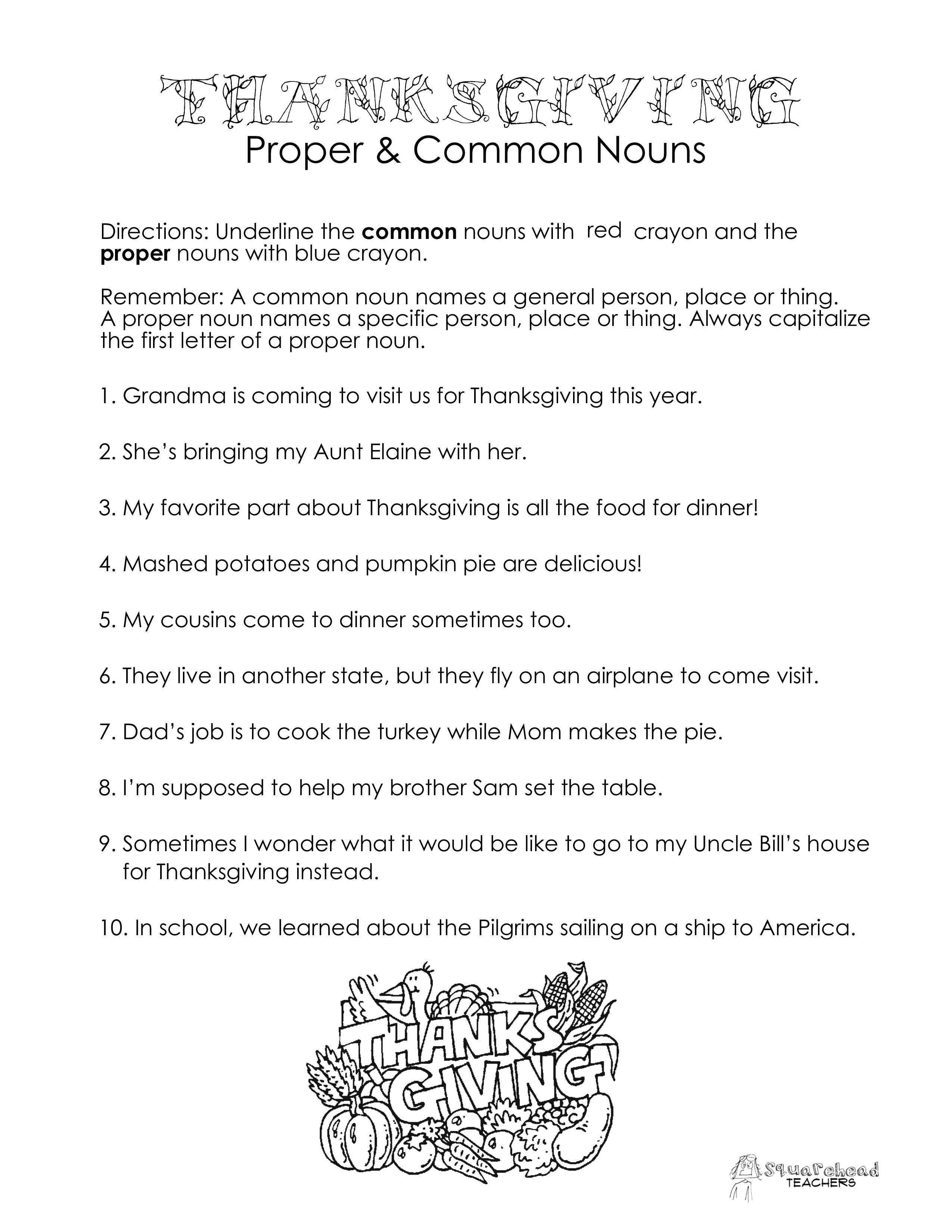 Thanksgiving Common Vs. Proper Nouns Worksheet | Squarehead Teachers - Free Printable Thanksgiving Worksheets For Middle School