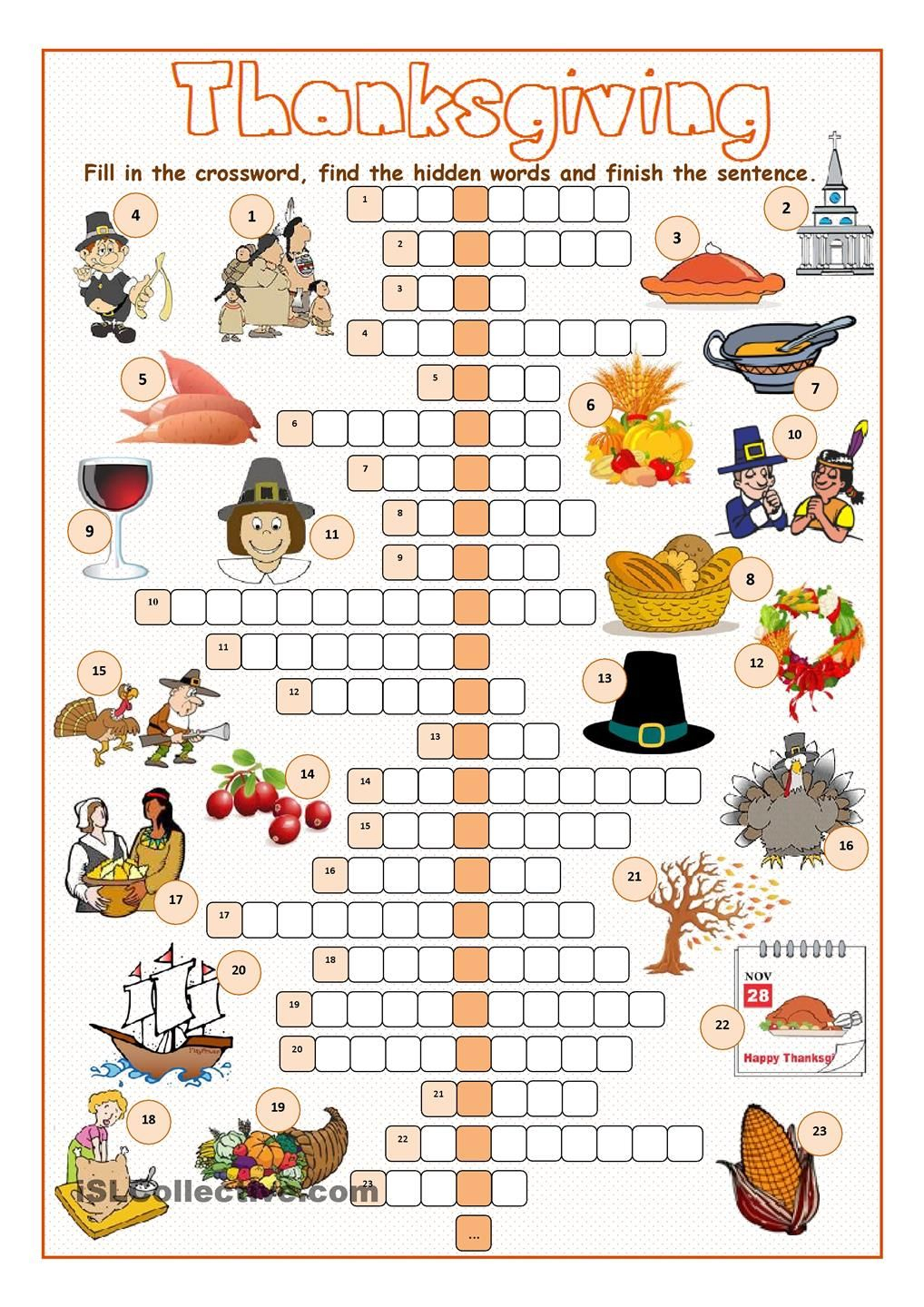 Thanksgiving Crossword Puzzle … | Salle De Classe | Pinte… - Thanksgiving Crossword Puzzles Printable Free