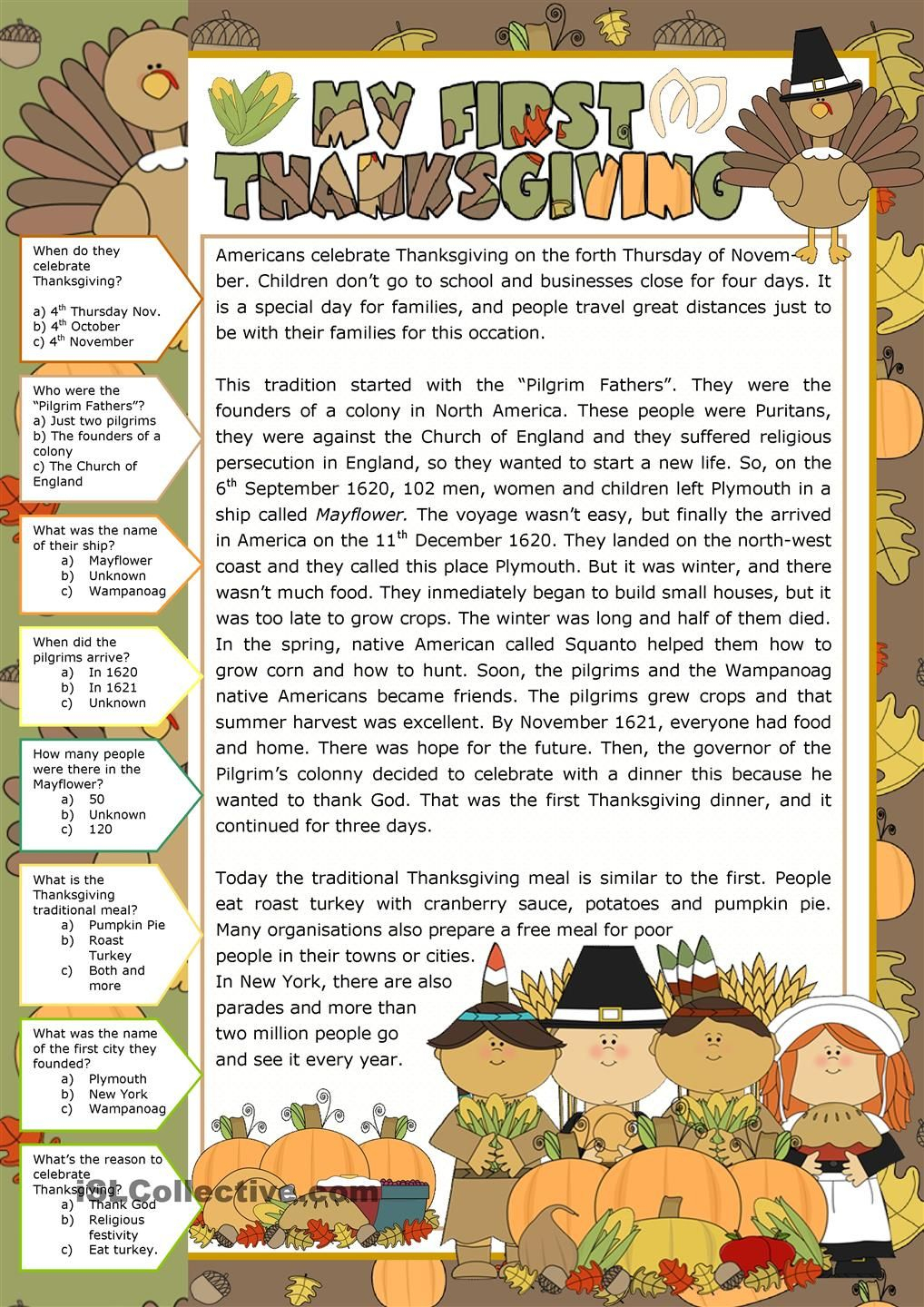 Thanksgiving - Reading Comprehension | Teaching Material - Free Printable Thanksgiving Worksheets For Middle School