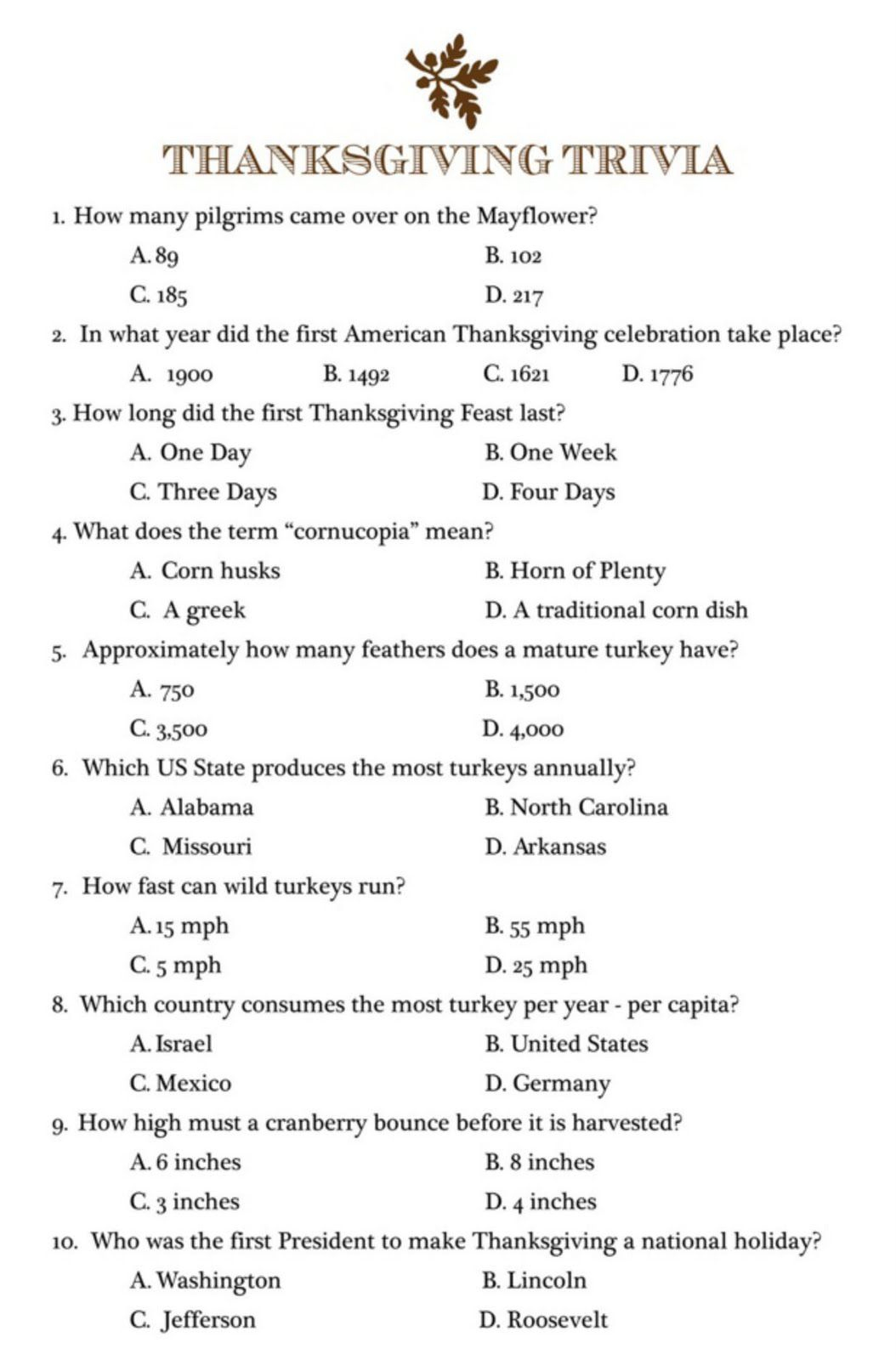 Thanksgiving Trivia Quiz, The Winner Getting To Get The First Slice - Free Printable Trivia Questions And Answers