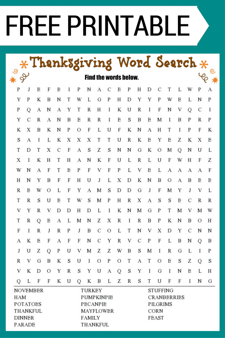 Thanksgiving Word Search Free Printable Worksheet - Free Printable Word Finds