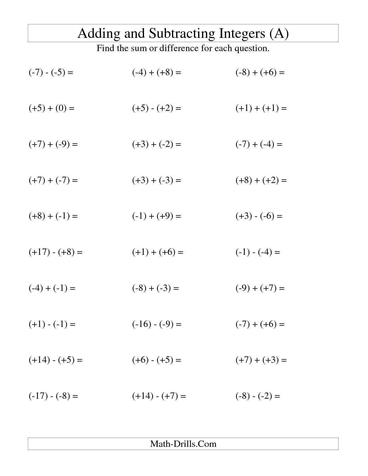 The Integer Addition And Subtraction With Parentheses Around All - Free Printable Integer Worksheets Grade 7