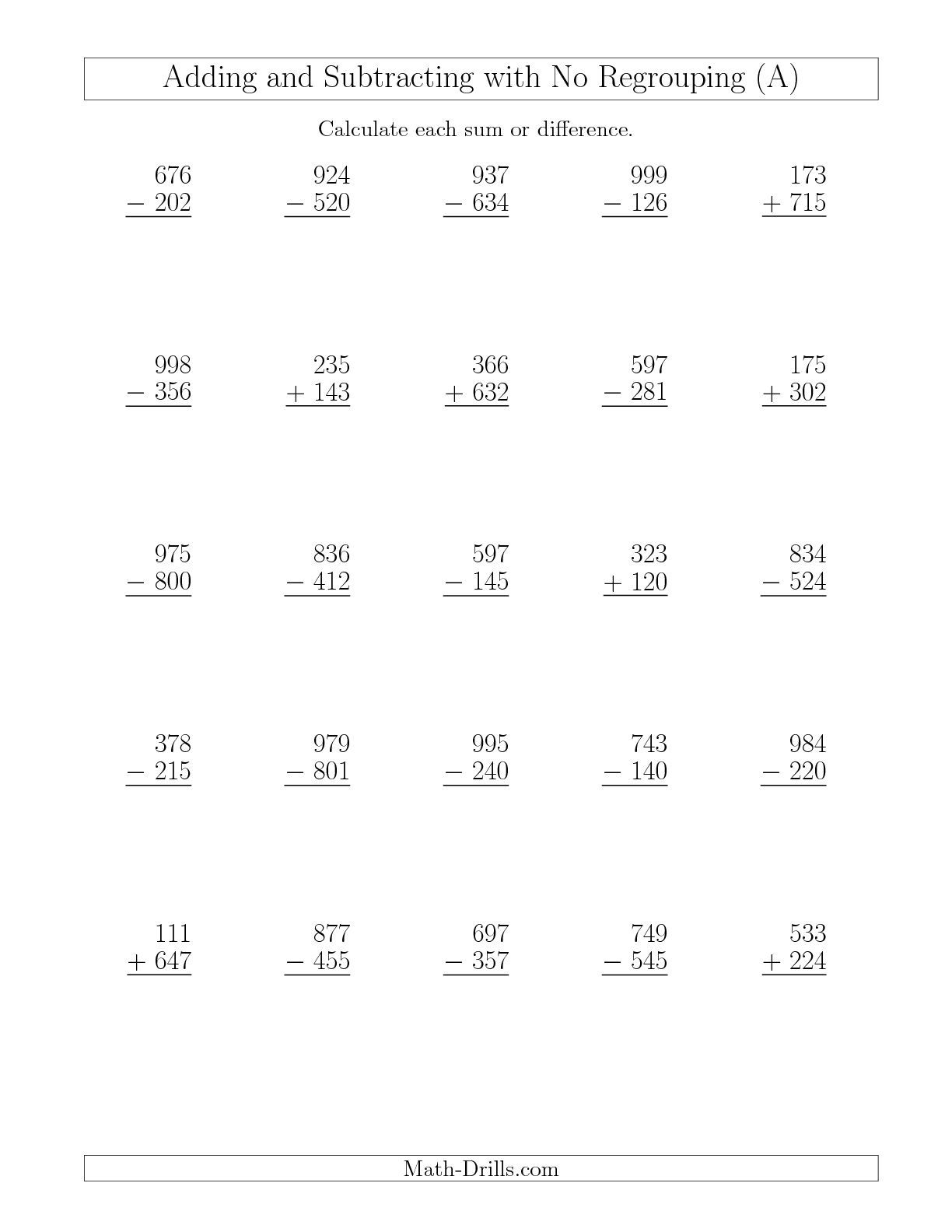 The Mixed Addition And Subtraction Of Three Digit Numbers With No - Free Printable 3 Digit Subtraction With Regrouping Worksheets