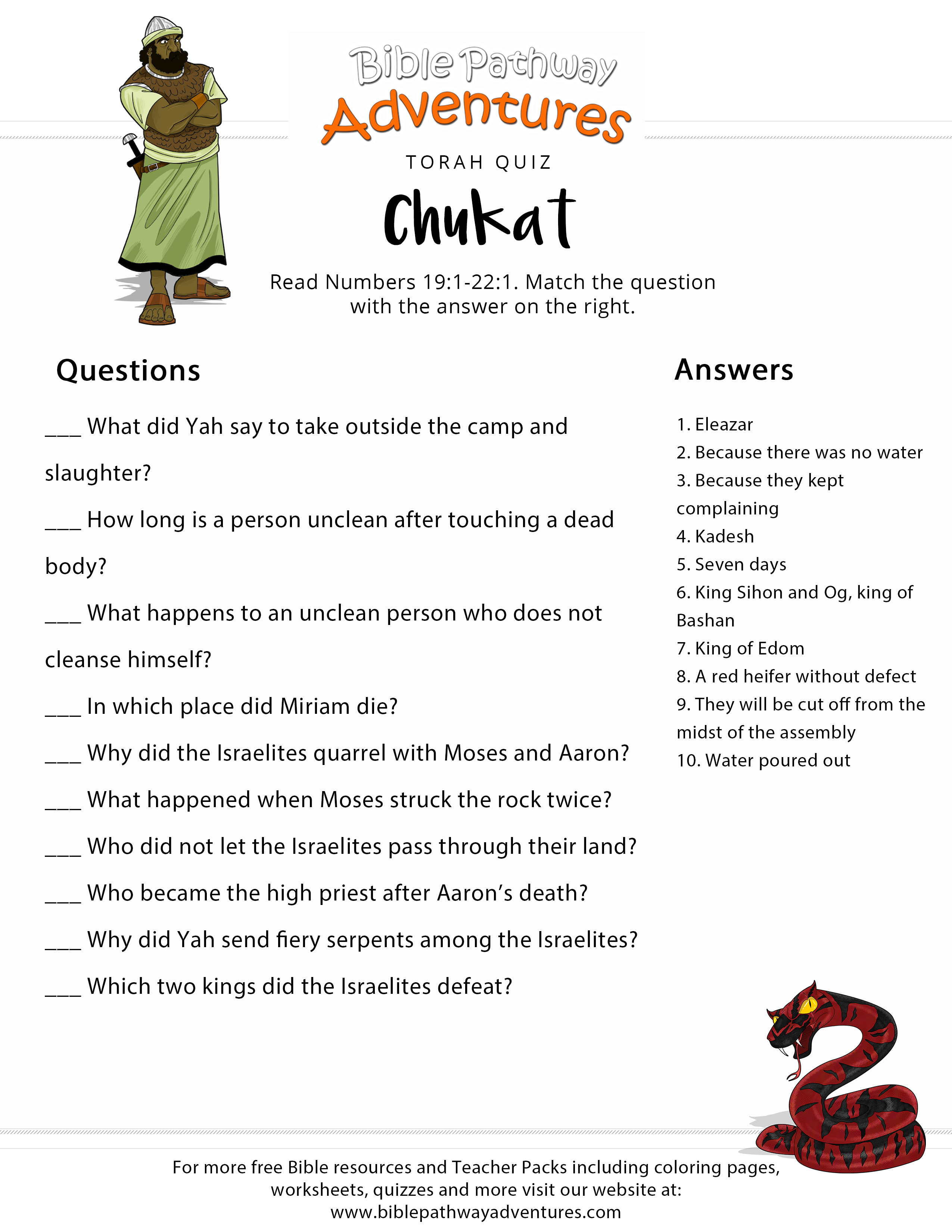 Torah Portion Quiz: Chukat (Numbers 19:1-22:1) | Bible Adventure - Free Printable Bible Study Lessons With Questions And Answers