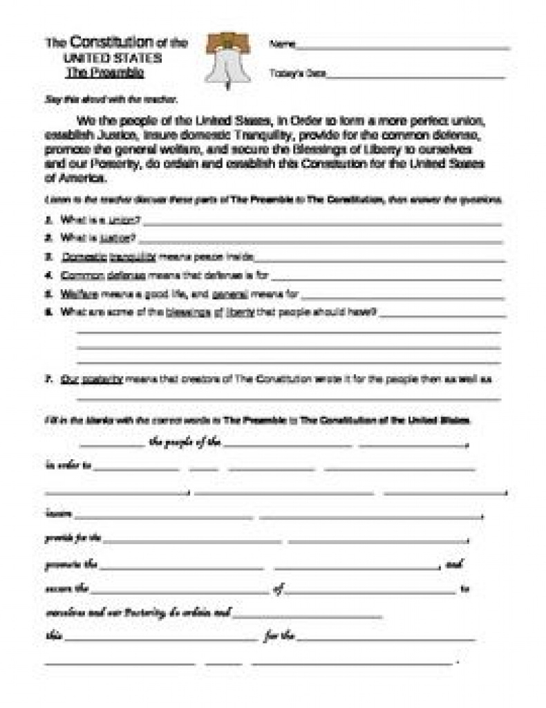 U. S. Constitution: Preamble And Bill Of Rights Worksheets With Free - Free Printable Us Constitution Worksheets
