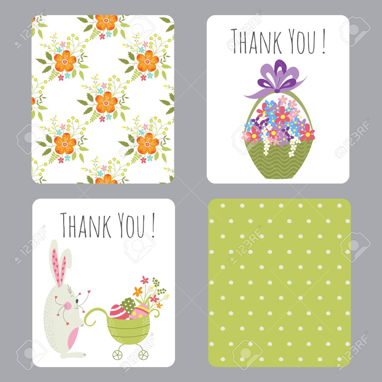 Vector Set Of Easter Small Cards With Funny Bunnies And Flowers - Printable Easter Greeting Cards Free