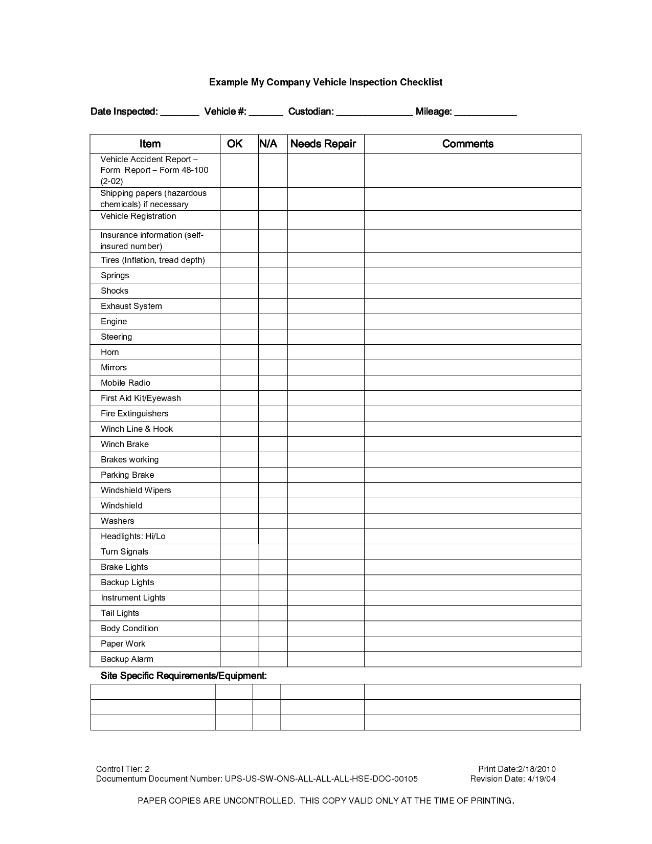 Vehicle Inspection Checklist Template | Vehicle Inspection - Free Printable Vehicle Inspection Form