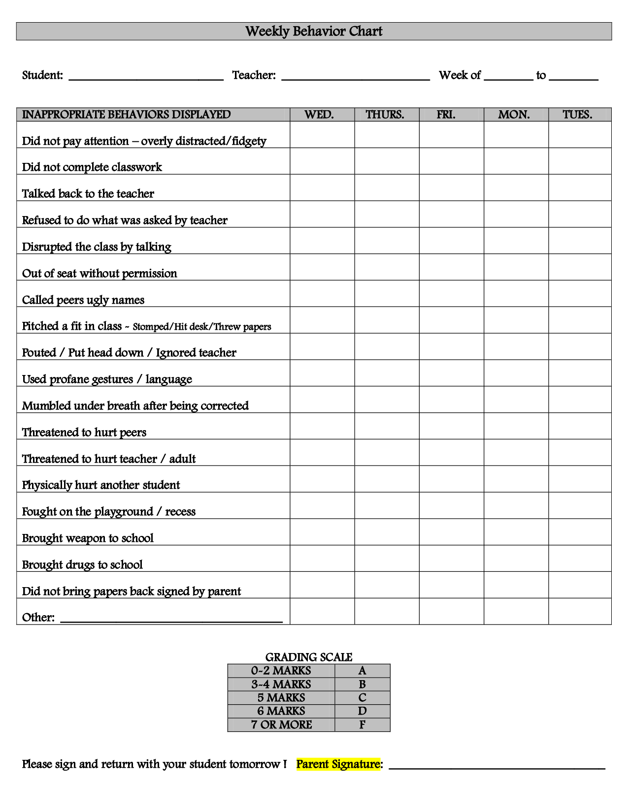 Weekly+Behavior+Chart+Template | Learning Line | Behaviour Chart - Free Printable Charts For Classroom