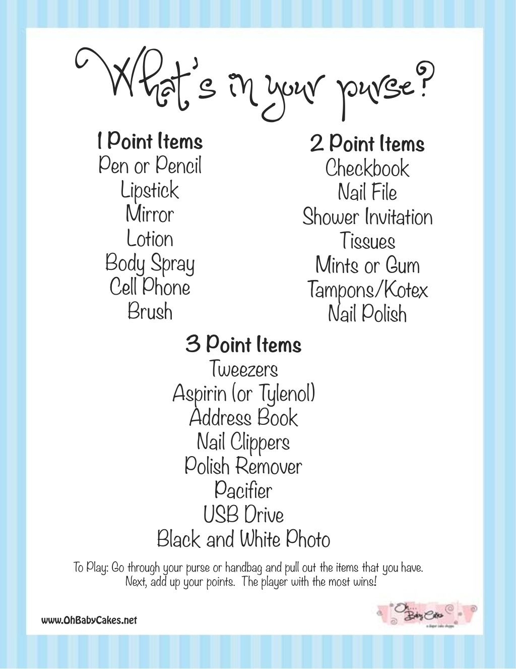 Whats-In-Your-Purse-Baby-Shower-Game-Blueww.ohbabycakes Via - Free Printable Baby Shower Game What&amp;amp;#039;s In Your Purse