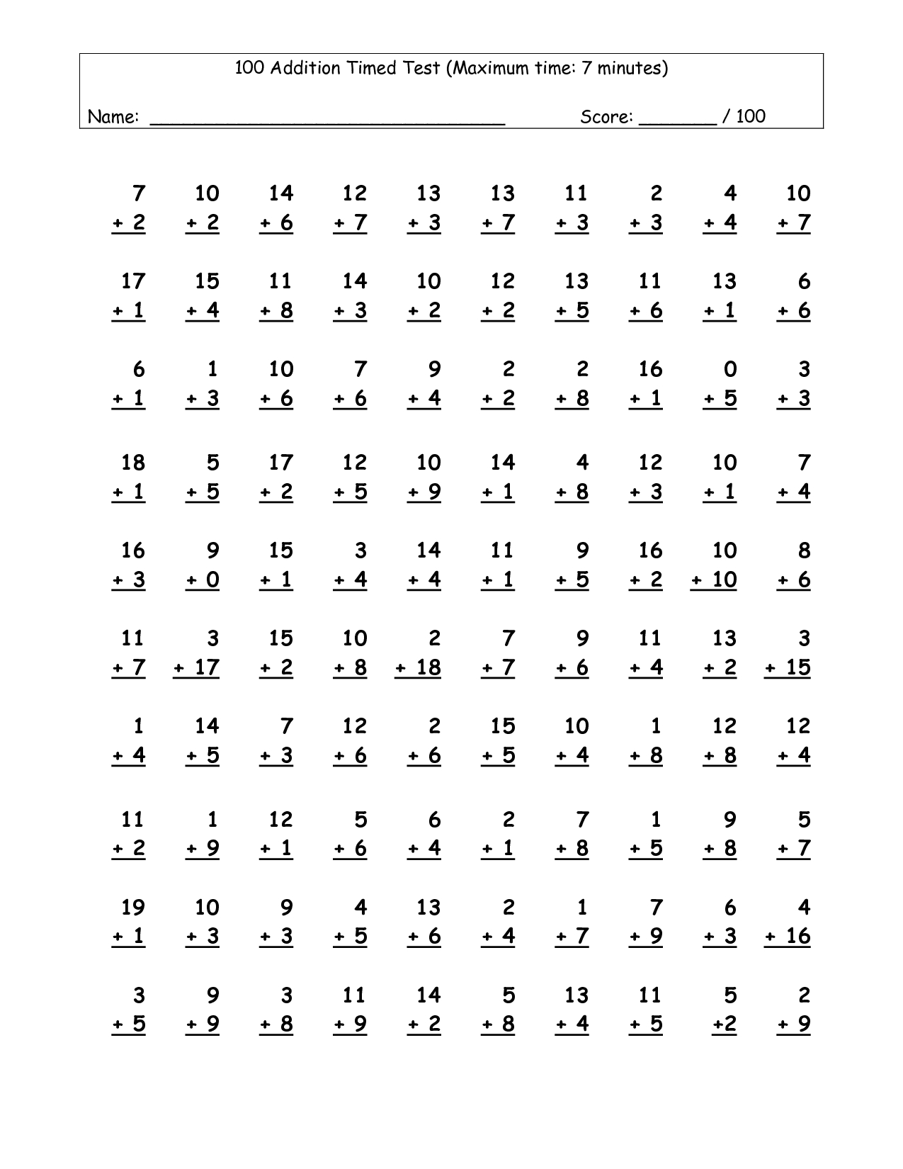 Multiplication Timed Tests Printable