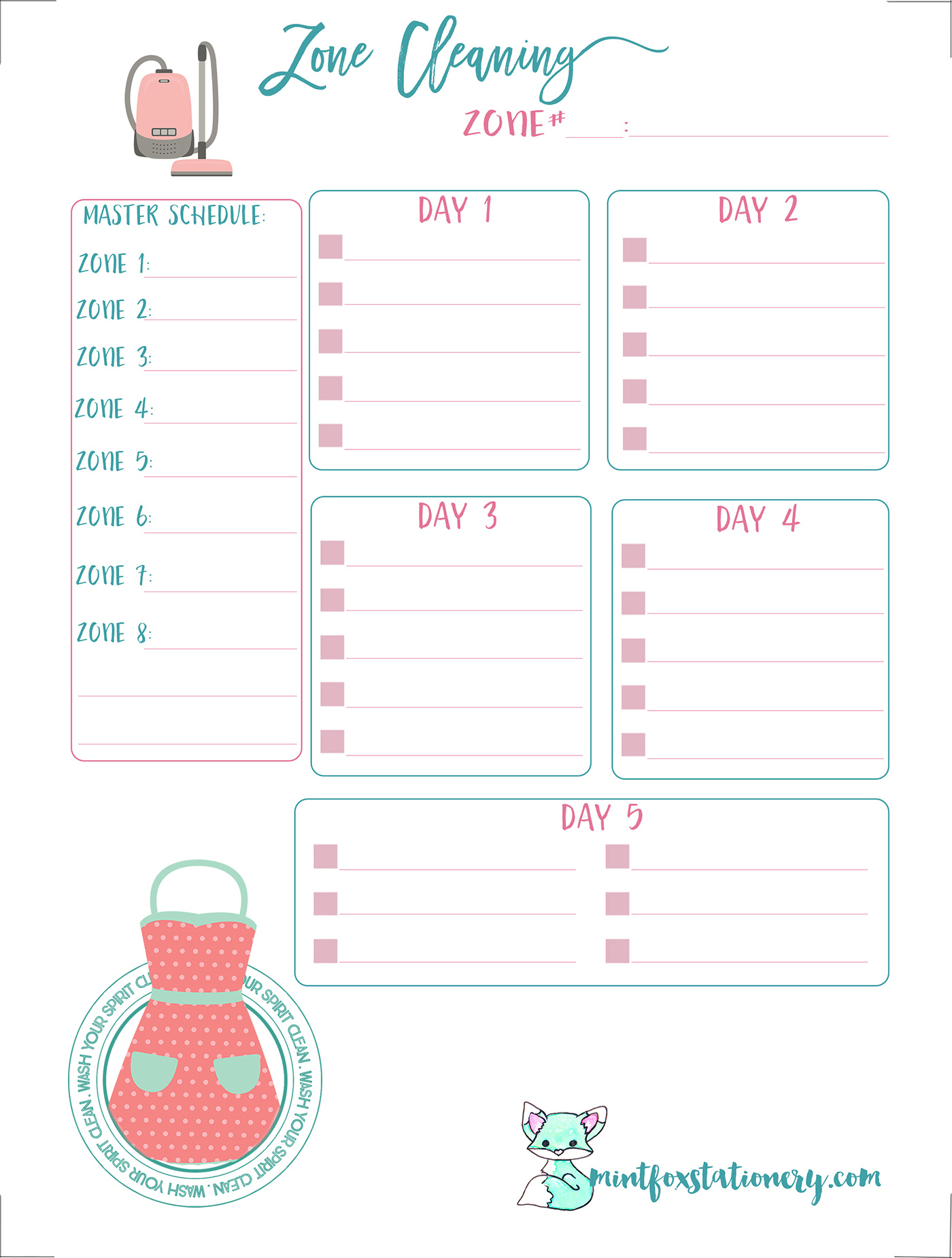 Zone Cleaning Printable Personal Size Insert - Free Printable Planner Inserts